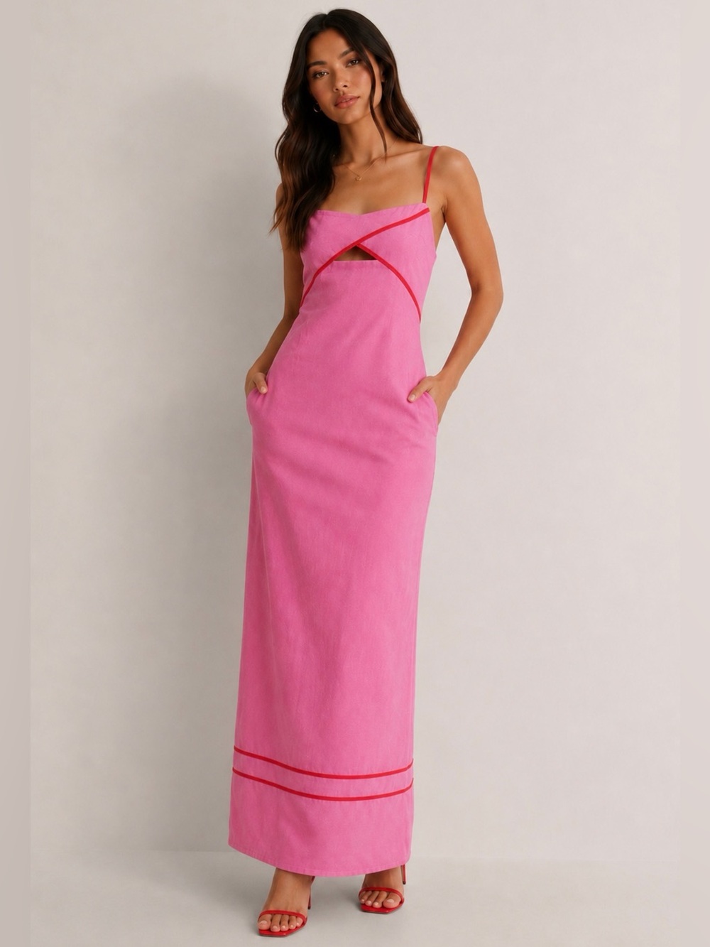 NWT Petal and Pup “Callie” Pink Maxi Dress with Red Trim and Pockets - Size XL